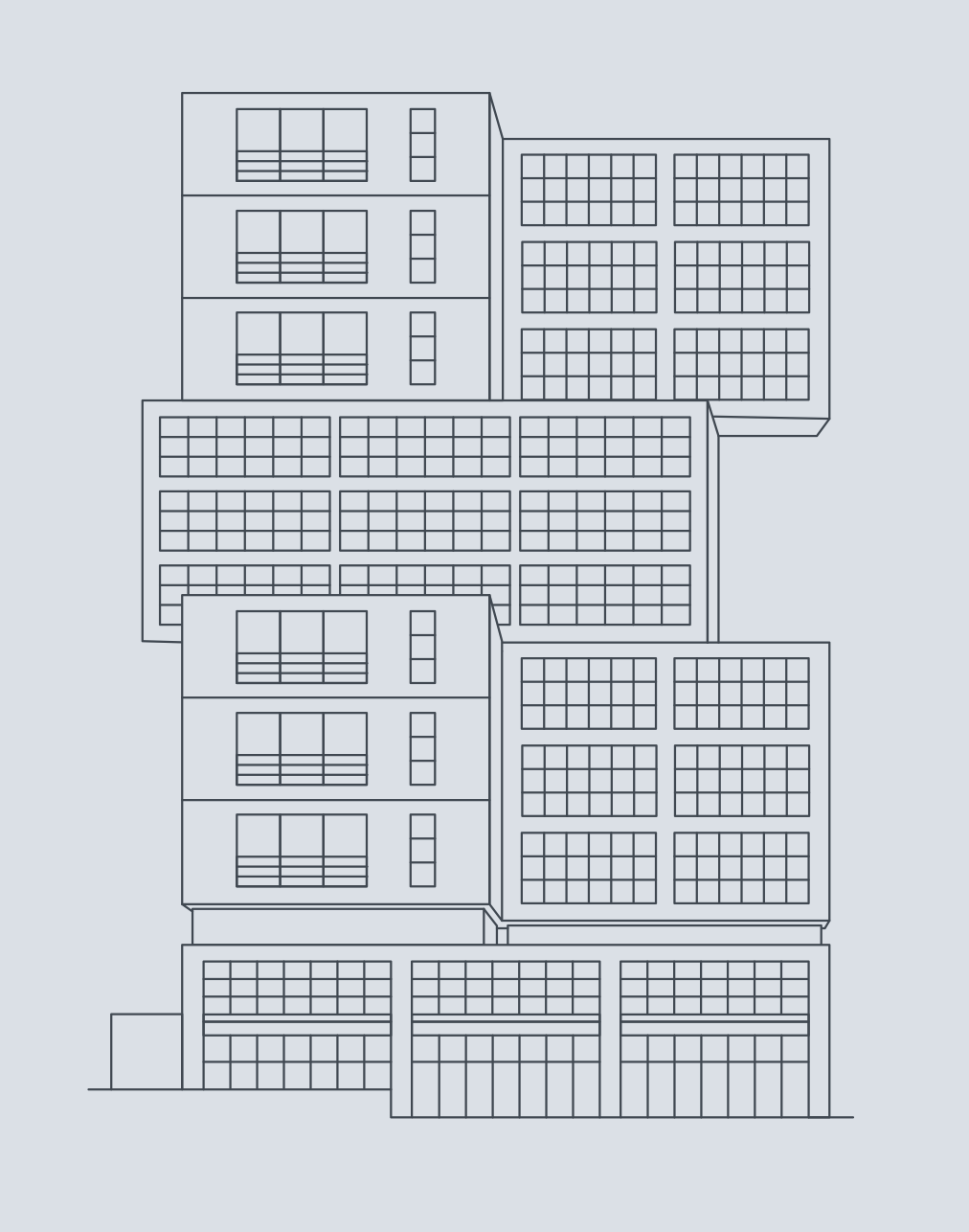 Line drawing of a stacked, modular residential building