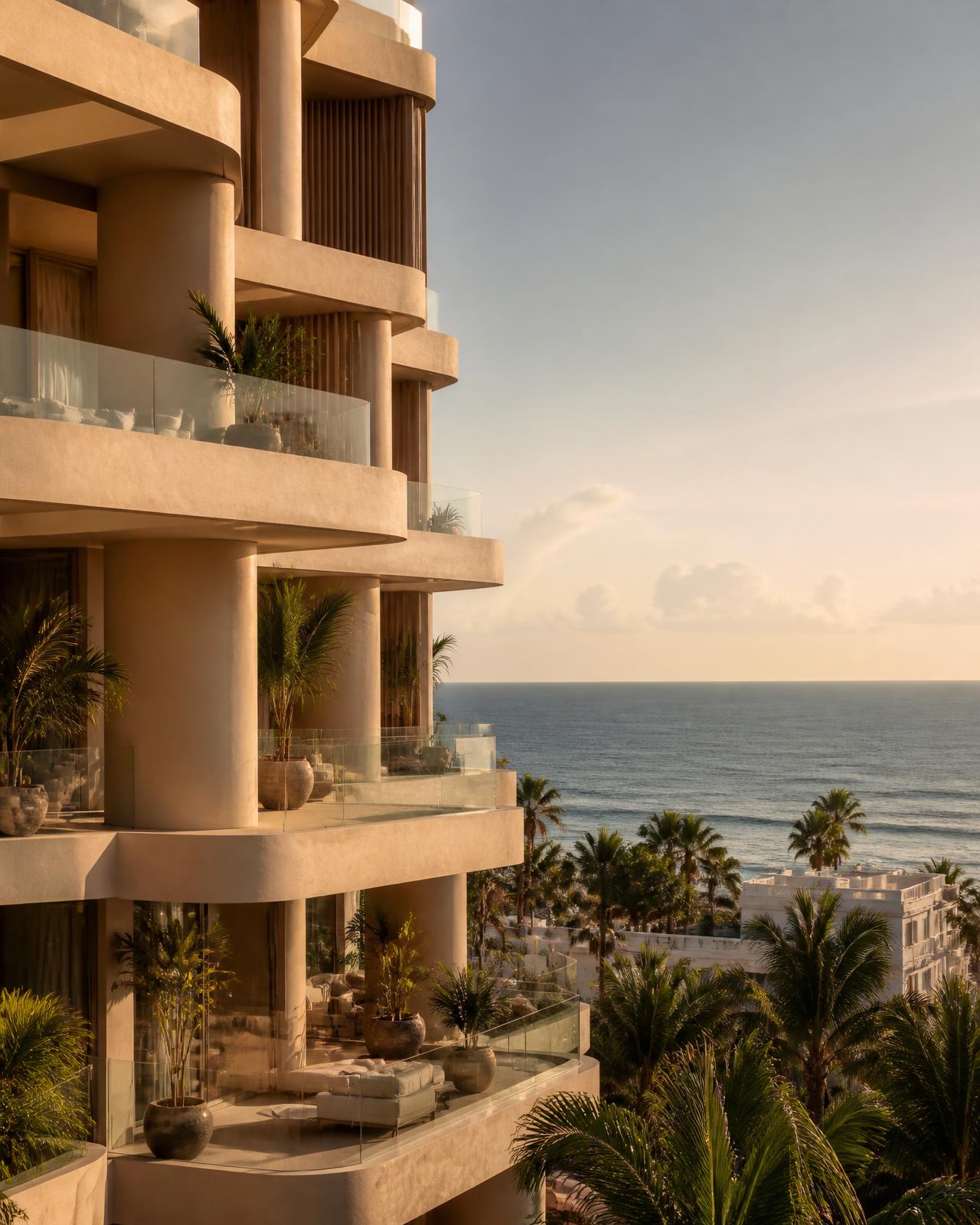 Warm sand-coloured modern residential balconies with palms and the ocean horizon