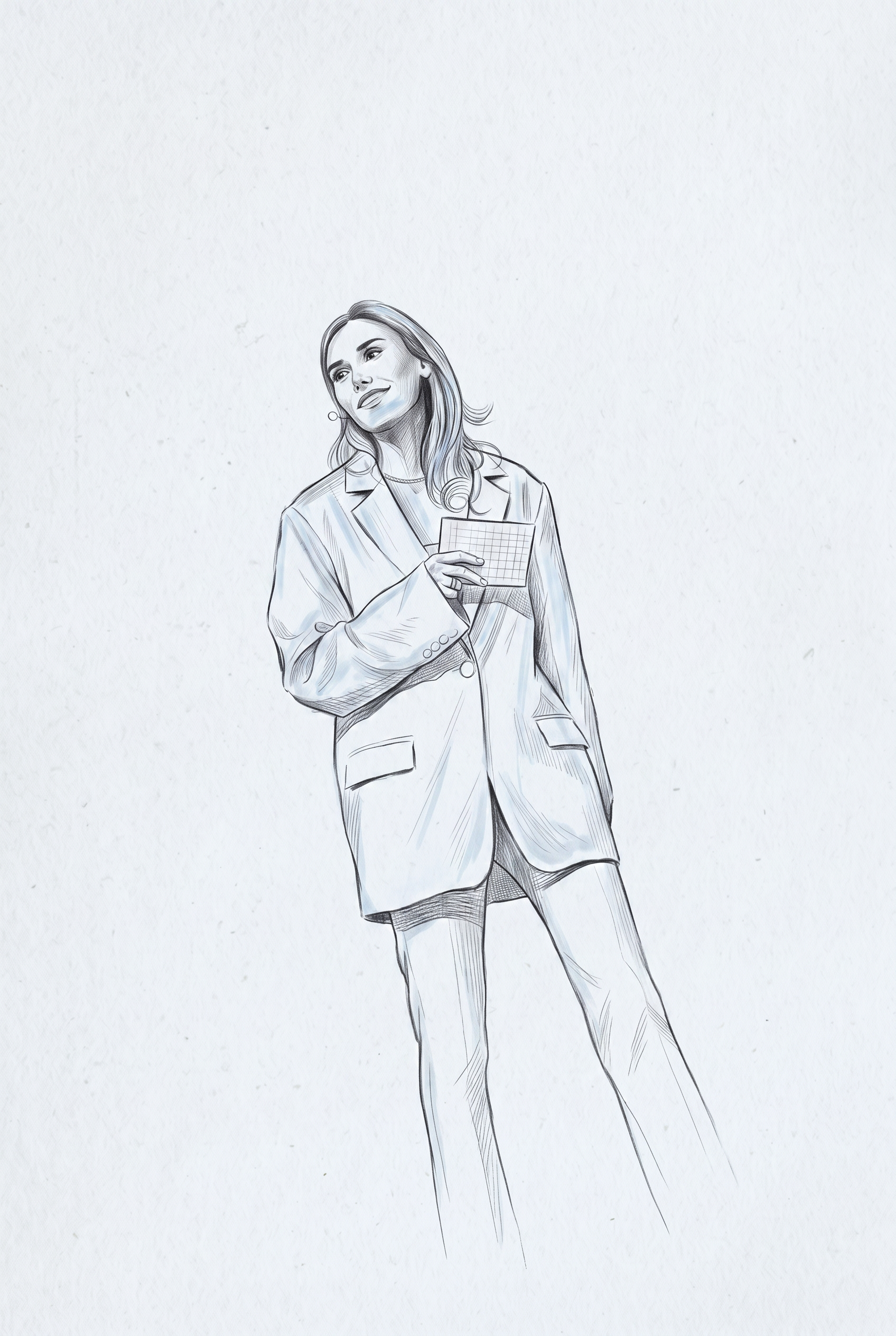 Editorial pencil sketch portrait of Celine Winter speaking, holding a small card